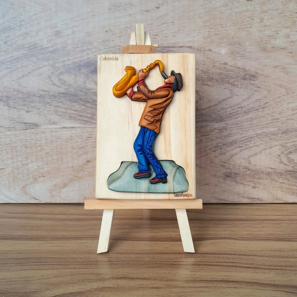 Saxophonist Wood Art on Easel