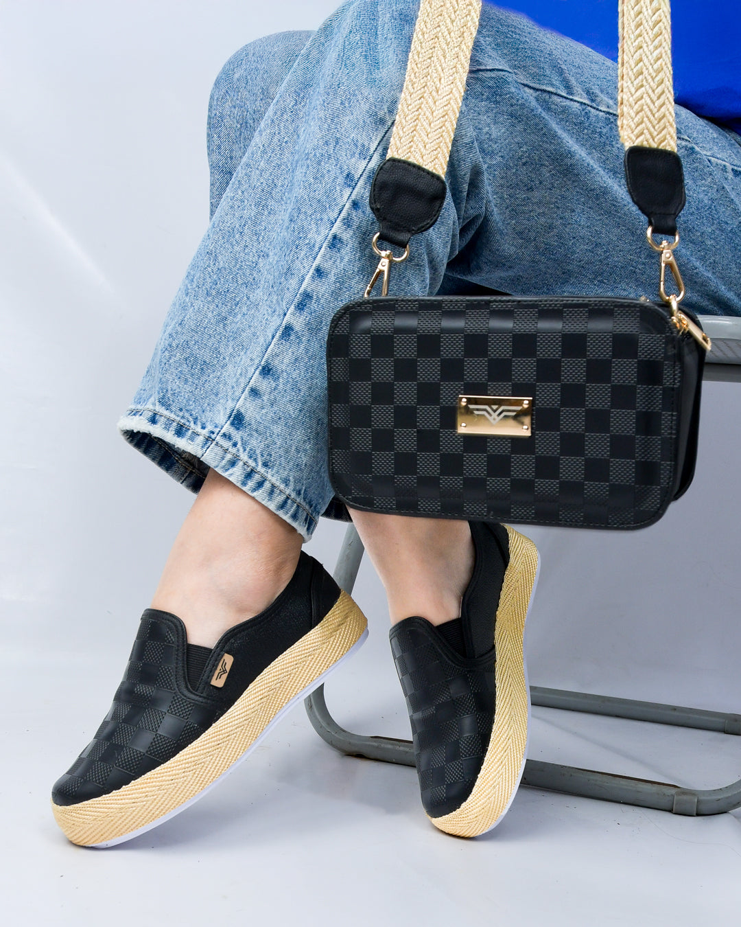 Plaid Black Shoes & Crossbody Bag Set by Pontiak