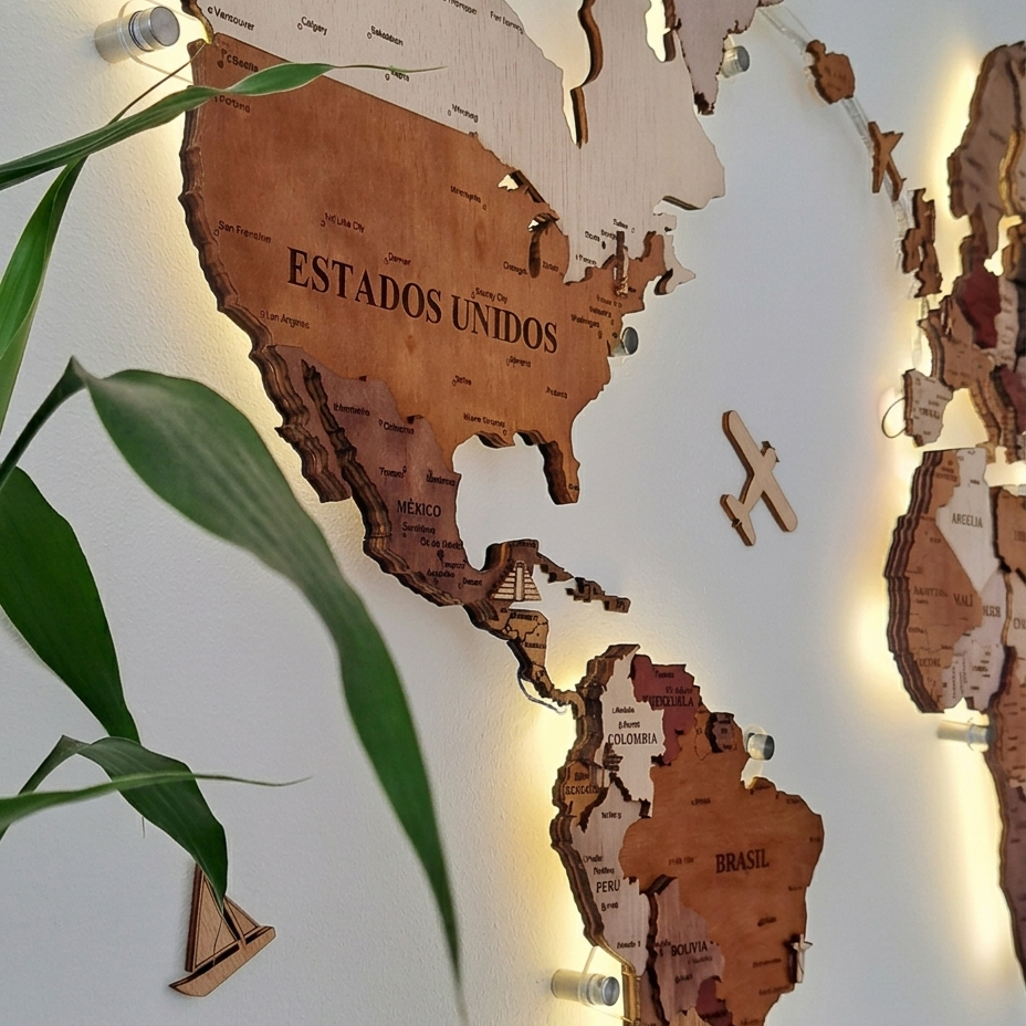 3D Wooden World Map with LED Lights – Handmade Wall Art