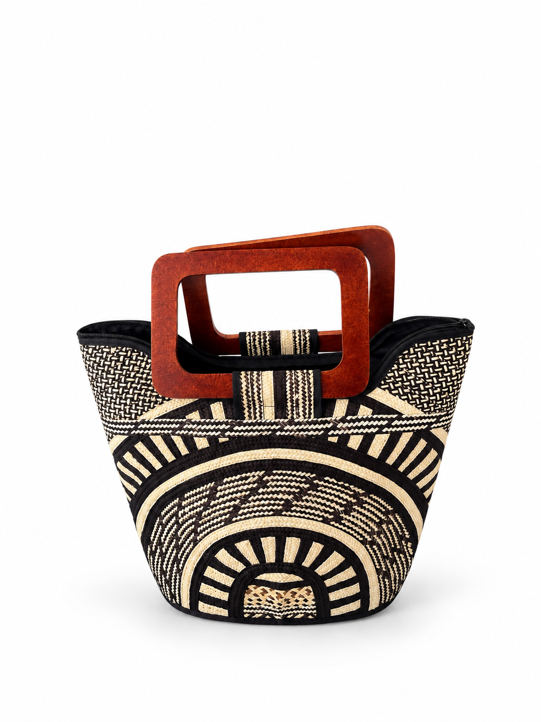 Bolso tipo cubo colombiano tejido a mano en negro y natural – Bolso cesta artesanal con asas de madera