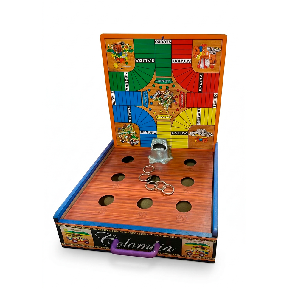 2-in-1 Traditional Colombian Game: Portable Wooden "Rana" & "Parqués"
