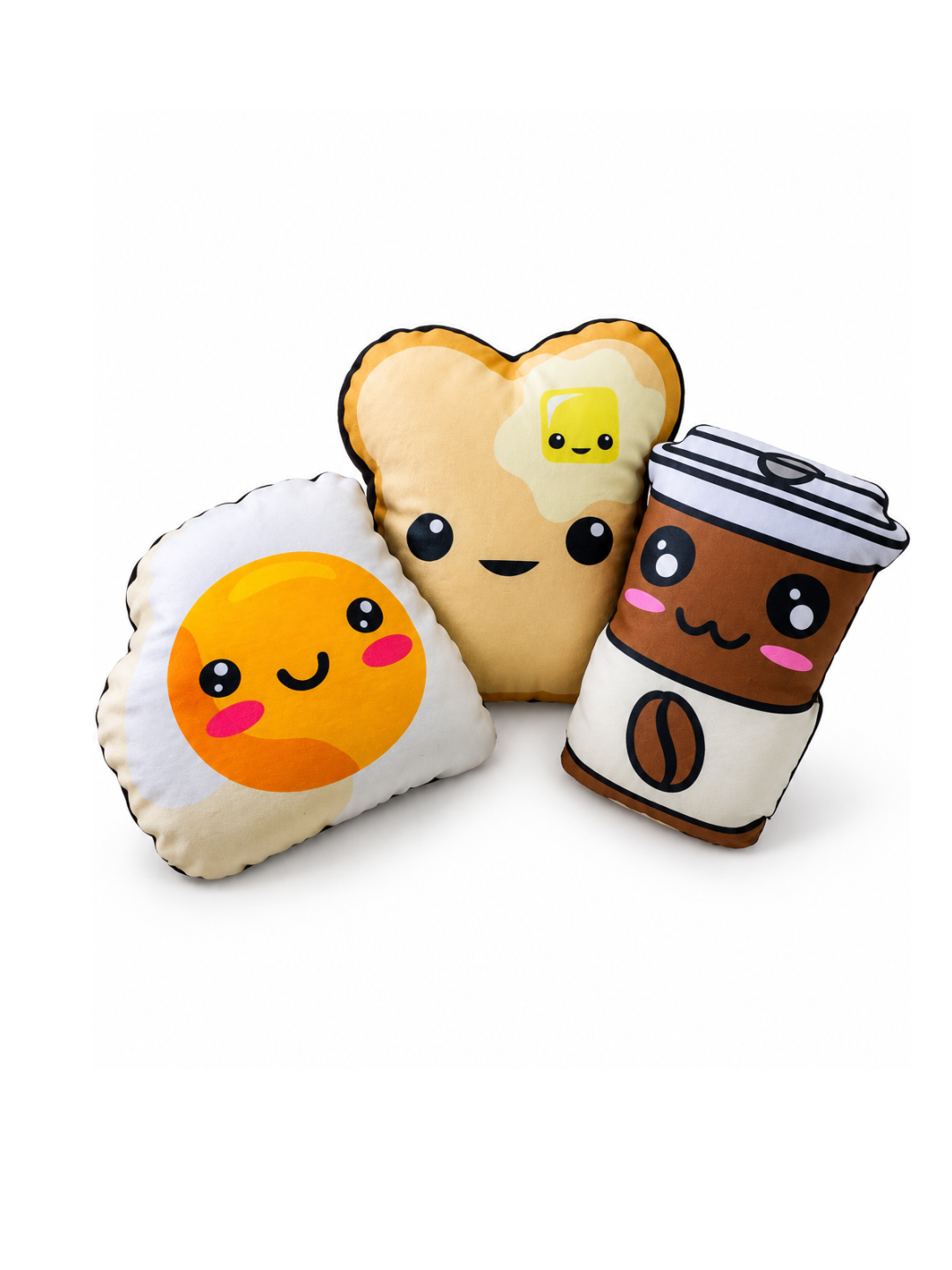 Breakfast Kawaii Pillow Set of 3 – Fried Egg, Toast & Coffee Cup Shaped Cushions
