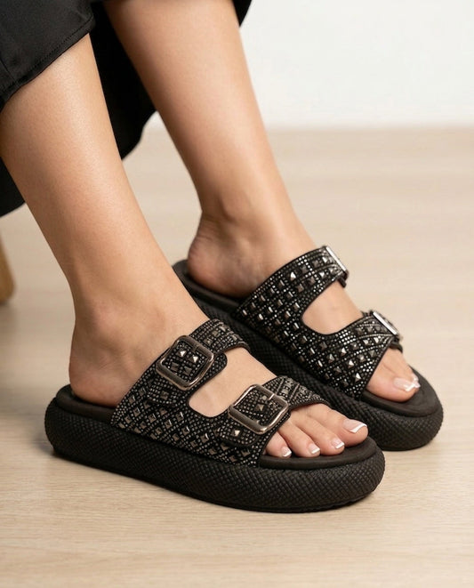 Canoa Black x Glitter Platform Slide Sandals by Pontiak