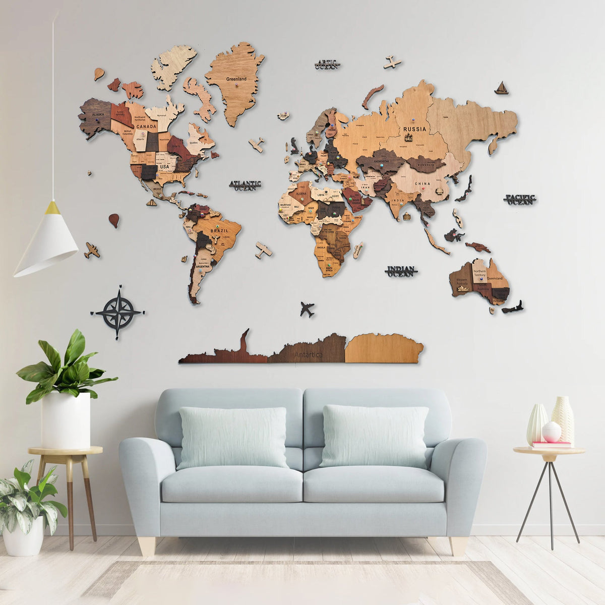 3D Wooden World Map Wall Art – Handmade Multilayer Travel Map
