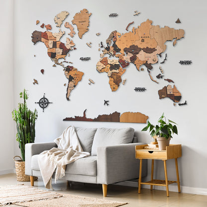 3D Wooden World Map Wall Art – Handmade Multilayer Travel Map