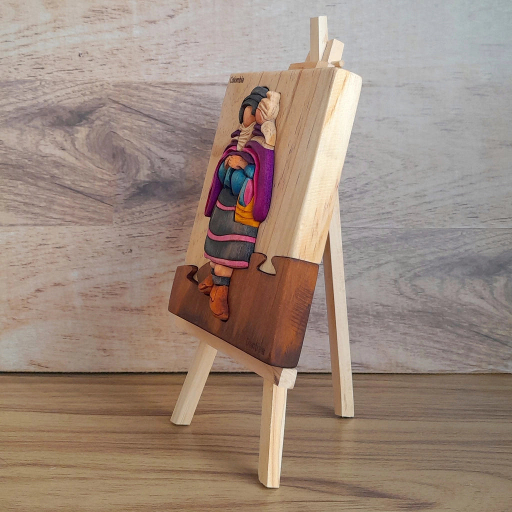 Guambiana Woman Wood Art on Easel