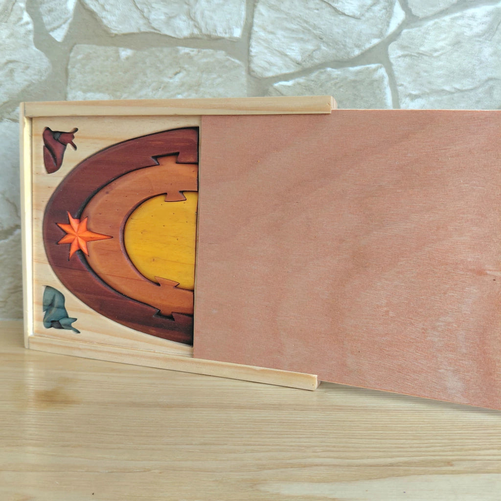 Deluxe 3D Wooden Nativity Set with Sliding-Lid Wooden Case