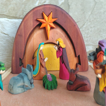 Deluxe 3D Wooden Nativity Set with Sliding-Lid Wooden Case