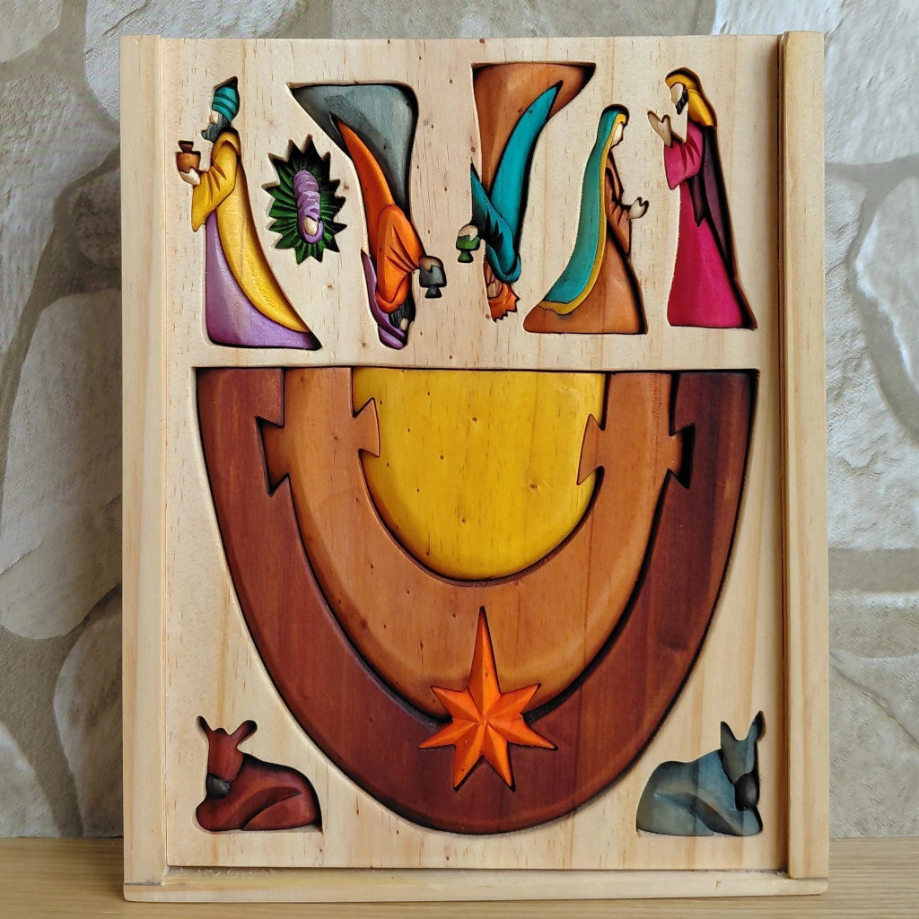 Deluxe 3D Wooden Nativity Set with Sliding-Lid Wooden Case
