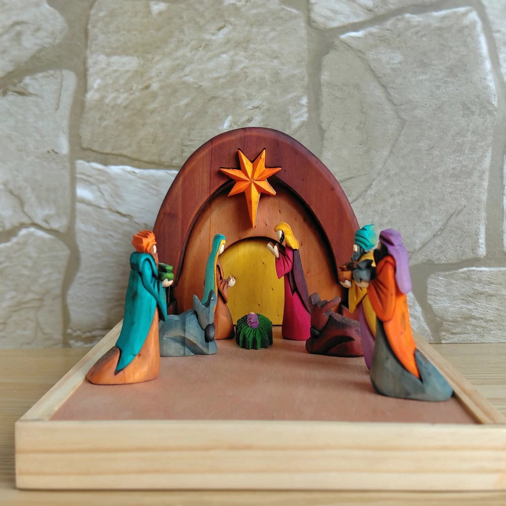 Deluxe 3D Wooden Nativity Set with Sliding-Lid Wooden Case