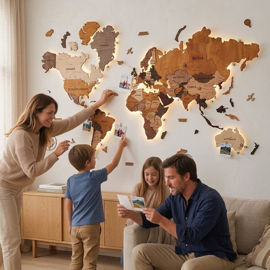 3D Wooden World Map with LED Lights – Handmade Wall Art