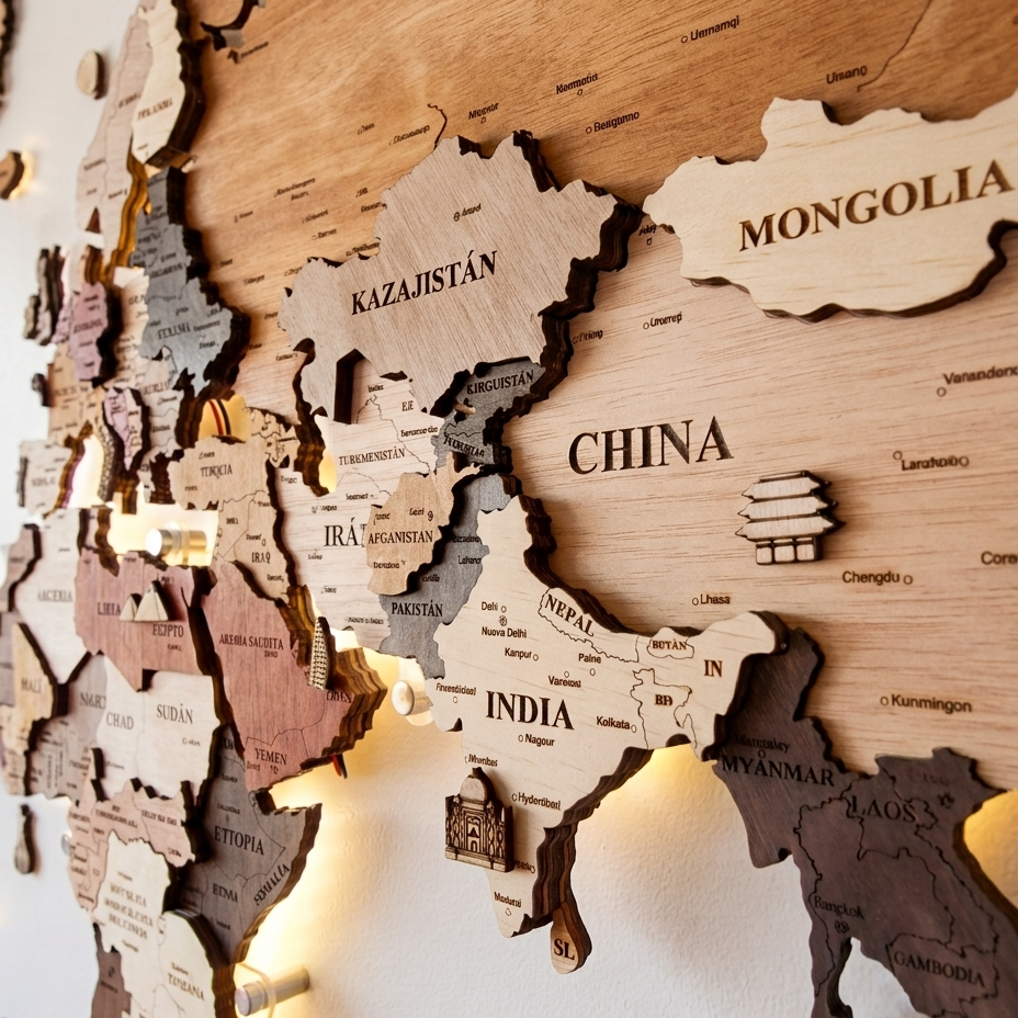 3D Wooden World Map with LED Lights – Handmade Wall Art