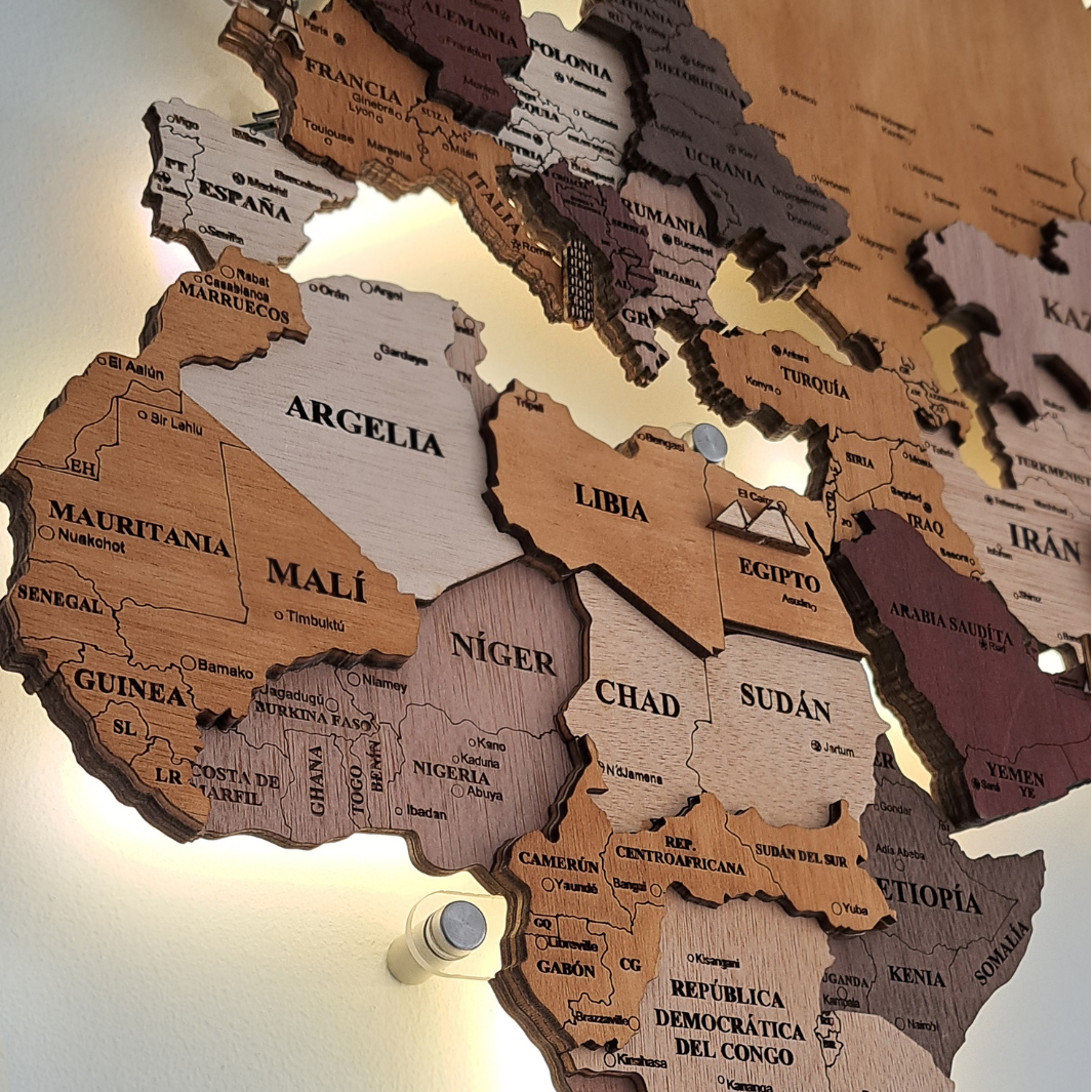 3D Wooden World Map with LED Lights – Handmade Wall Art