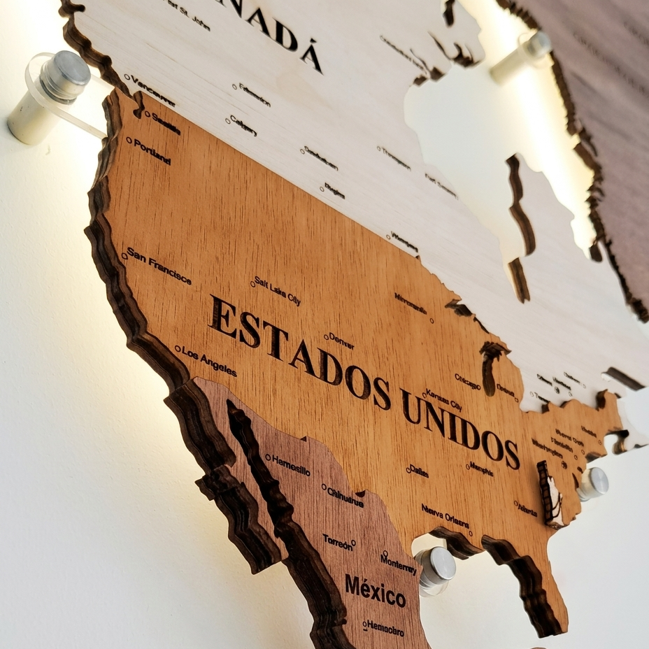 3D Wooden World Map with LED Lights – Handmade Wall Art
