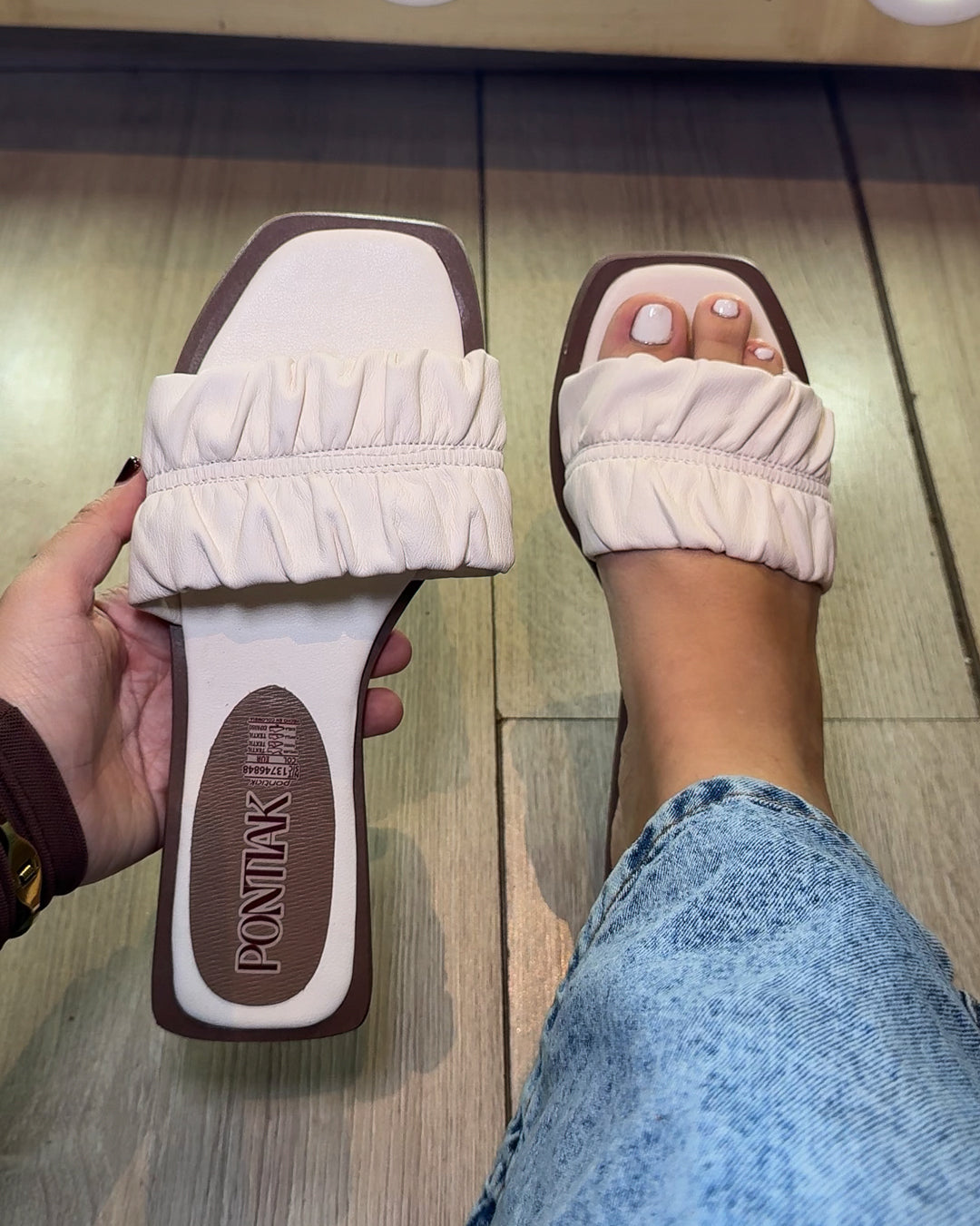 White Soft Ruched Slide Sandals by Pontiak