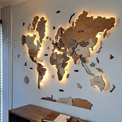 3D Wooden World Map with LED Lights – Handmade Wall Art