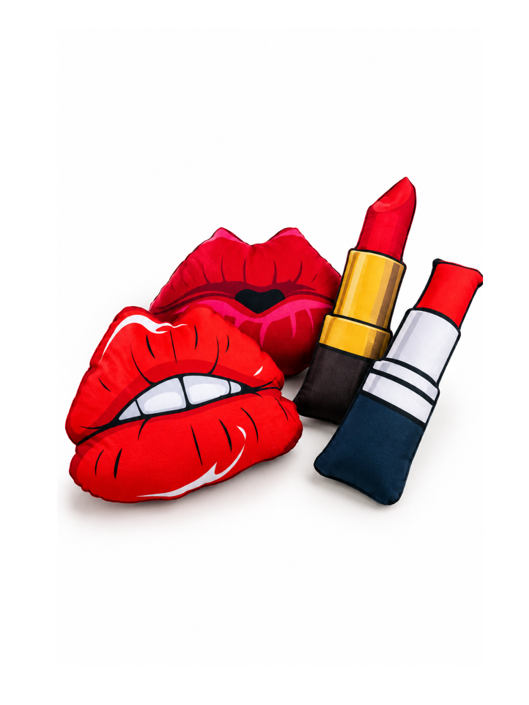Pop Art Lips & Lipstick Pillow Set of 4 – Red Lips and Lipstick Shaped Cushions