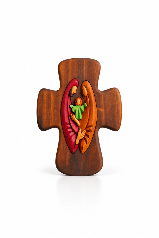 Holy Family Wooden Wall Crucifix – Medium – Handmade Intarsia