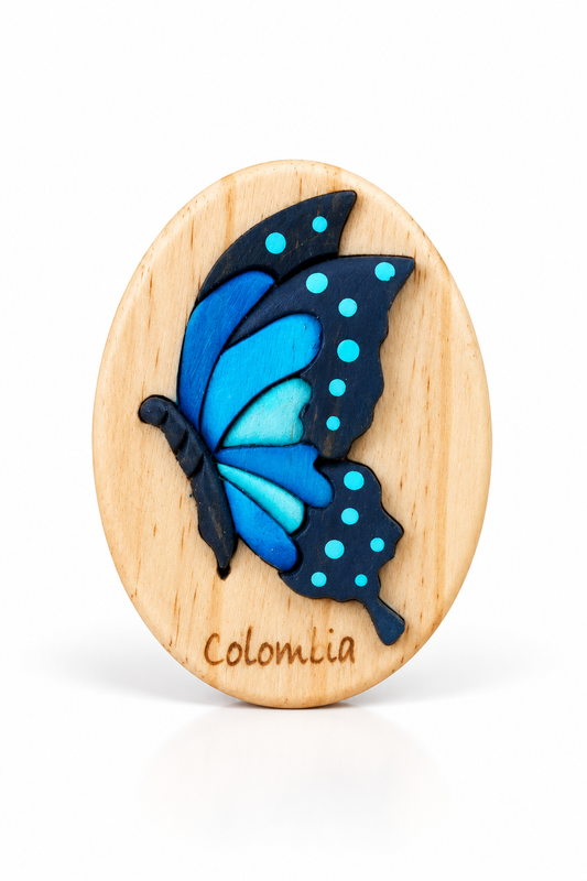 Blue Morpho Butterfly Wooden Fridge Magnet – Handmade Intarsia Souvenir