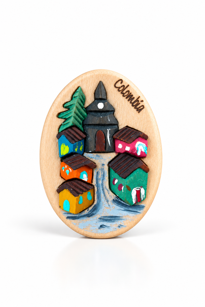 Colombian Village Wooden Fridge Magnet – Handmade Intarsia Souvenir