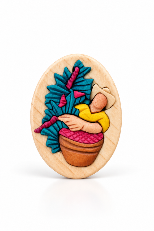 Coffee Farmer Wooden Fridge Magnet – Handmade Intarsia Souvenir