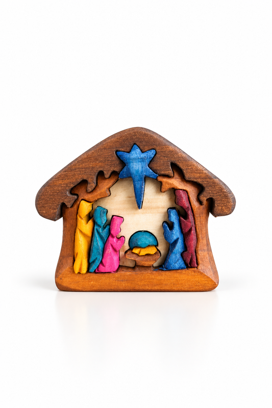 Complete with Three Kings Wooden Nativity Scene – Small – Handmade Intarsia Christmas Decor