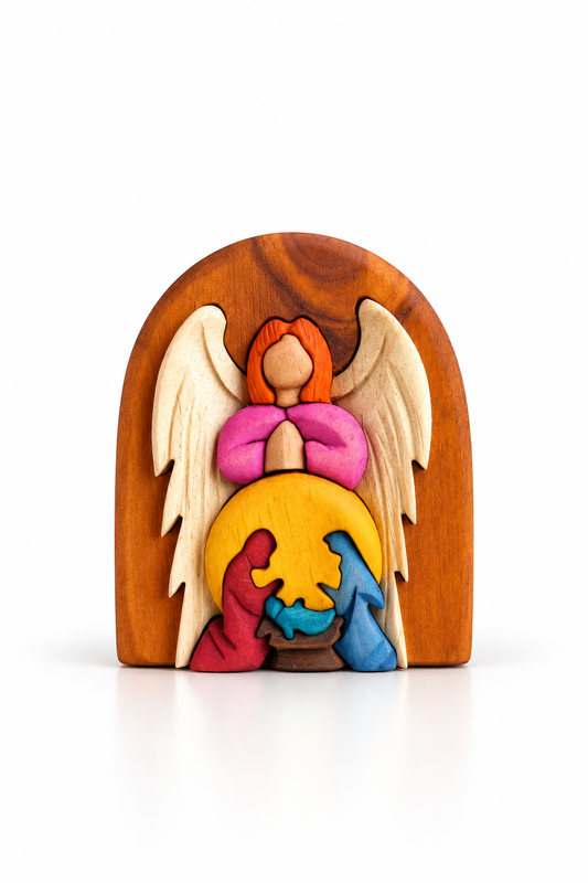 Angel Wooden Nativity Scene – Medium – Handmade Intarsia Christmas Decor