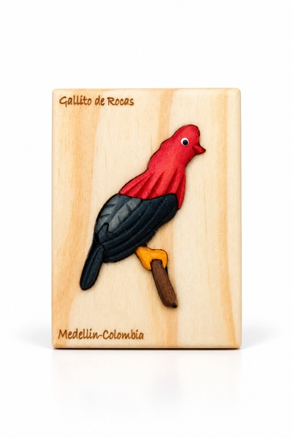 Andean Cock-of-the-Rock Wooden Fridge Magnet – Handmade Intarsia Souvenir