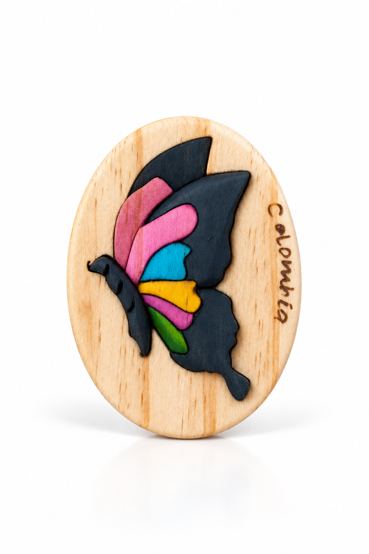 Multicolor Morpho Butterfly Wooden Fridge Magnet – Handmade Intarsia Souvenir