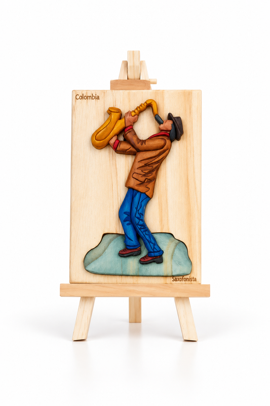 Saxophonist Wood Art on Easel – Handmade Intarsia Tabletop Art