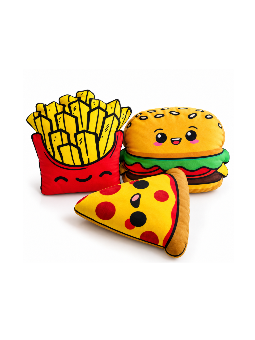 Fast Food Kawaii Pillow Set of 3 – French Fries, Burger & Pizza Shaped Cushions